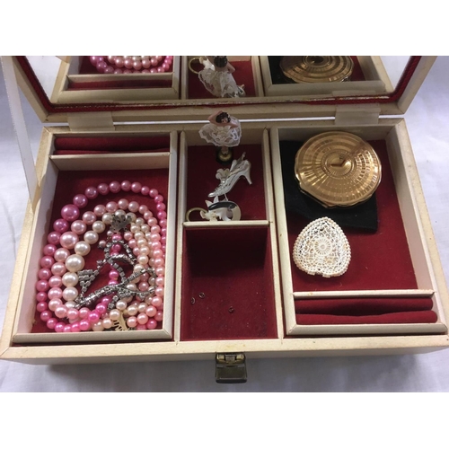 891 - MUSICAL JEWEL BOX WITH COSTUME JEWELLERY & GOLD COLOURED POWDER COMPACT