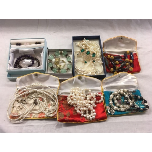 901 - CARTON OF STONE NECKLACES, COSTUME JEWELLERY IN SILK POUCHES