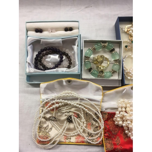 901 - CARTON OF STONE NECKLACES, COSTUME JEWELLERY IN SILK POUCHES