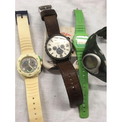 904 - 4 WATCHES TO INCL; A FOSSIL, CHRONOMETER, SWATCH & 2 OTHERS