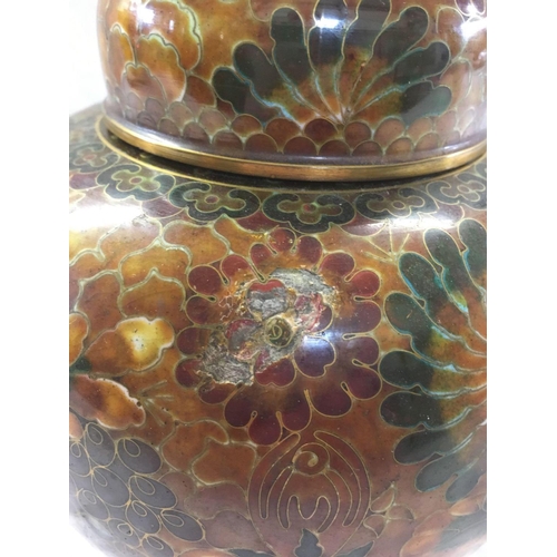 917 - BROWN CLOISONNE GINGER JAR WITH MINOR DAMAGE