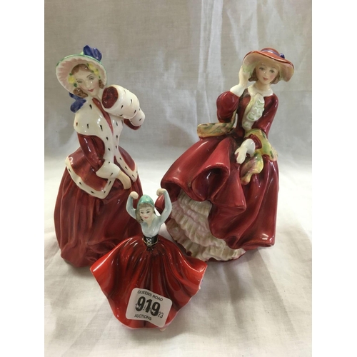 919 - 5 ROYAL DOULTON FIGURES, CHRISTMAS MORN, TOP OF THE HILL, THANK YOU, KAREN & FORGET ME NOT