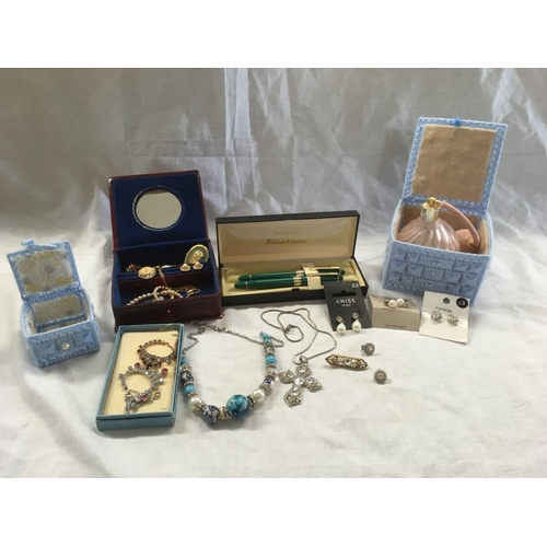 921 - CARTON OF MISC COSTUME JEWELLERY, PEN & PENCIL SET, PERFUME PUFFER, EARRINGS