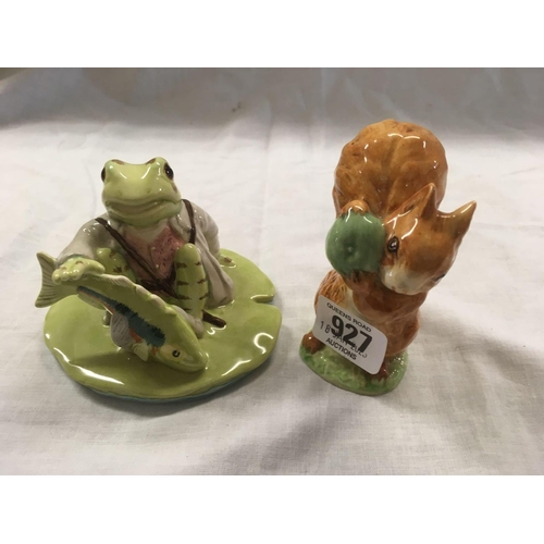 927 - 3 BEATRIX POTTER FIGURES JEREMY FISHER, JEREMY FISHER CATCHES A FISH & A SQUIRREL NUTKIN