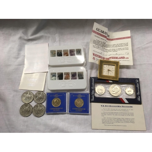 934 - QTY OF COMMEMORATIVE COINS, BRAZILIAN STONES, TRAVEL CLOCK BY ANGELUS & SILVER UNCIRCULATED UNITED S... 