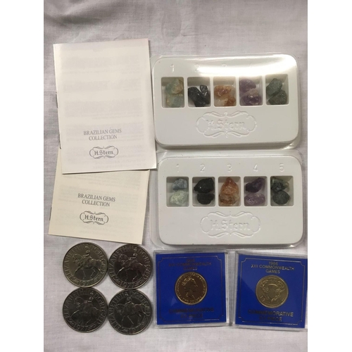 934 - QTY OF COMMEMORATIVE COINS, BRAZILIAN STONES, TRAVEL CLOCK BY ANGELUS & SILVER UNCIRCULATED UNITED S... 