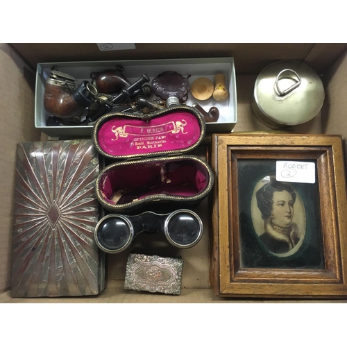 942 - BOX OF ITEMS INCL; VICTORIAN PAINTING ON GLASS, 3 X METAL BOXES / PIPES & OPERA GLASSES