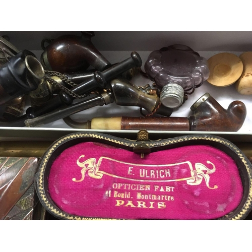 942 - BOX OF ITEMS INCL; VICTORIAN PAINTING ON GLASS, 3 X METAL BOXES / PIPES & OPERA GLASSES