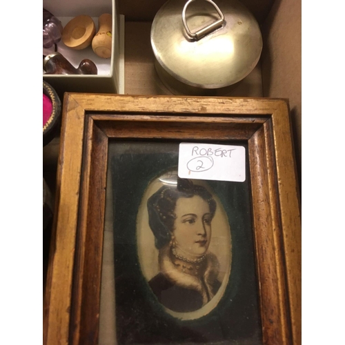 942 - BOX OF ITEMS INCL; VICTORIAN PAINTING ON GLASS, 3 X METAL BOXES / PIPES & OPERA GLASSES