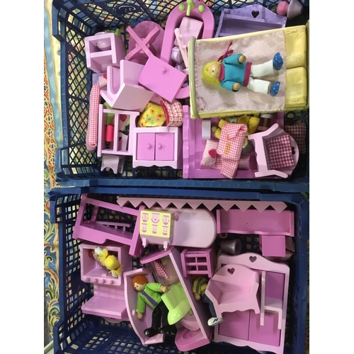 947 - PINK WOODEN DOLLS HOUSE WITH 2 LARGE BOXES OF FURNITURE