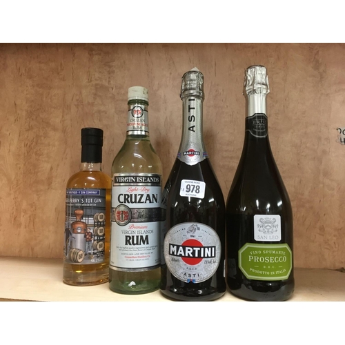 978 - 50cl BOTTLE AGED PERRY GIN (56.2%) VIRGIN ISLAND CRUZAN RUM 40%, ITALIAN VINO SPUMANTE (BRUT) PROSEC... 