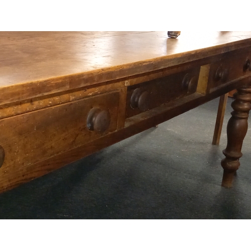 633 - LARGE RUSTIC PINE FARMHOUSE DINING TABLE WITH 3 DRAWERS & TURNED LEGS, 6ft 6'' X 3ft