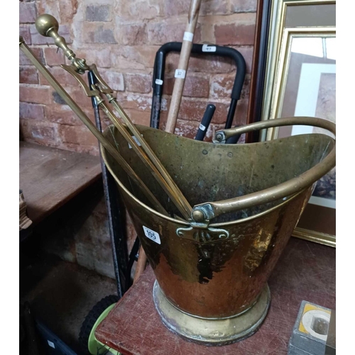 105 - BRASS COAL BUCKET, BRASS FIRESIDE TONGS, SHOVEL & BRASS CHAMBER STICK