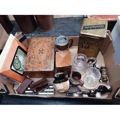 131 - CARTON WITH PIE CENTRES, COMMEMORATIVE GLASS TANKARDS, PICTURE FRAMES, INLAID BOX & OTHER BRIC-A-BRA... 