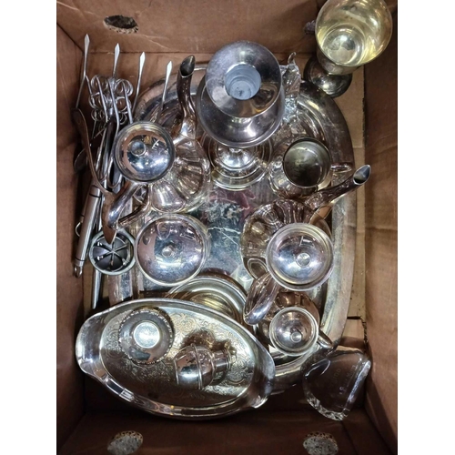 143 - CARTON WITH WOLFE STAINLESS STEEL TEA SET, METAL CANDLESTICK, TRAY & UTENSILS