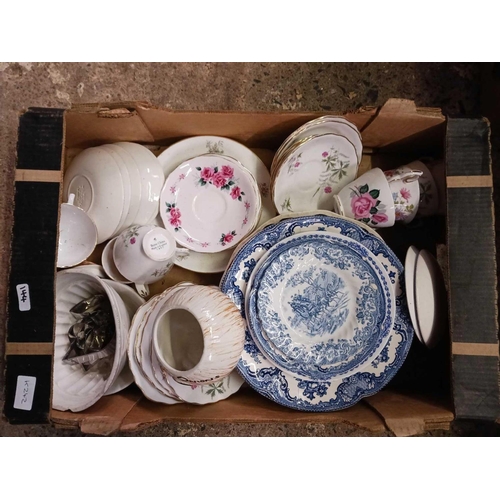 144 - 3 CARTONS OF MIXED CHINA INCL; PORTMEIRION PLATES, COLCLOUGH CUPS & SAUCERS, BAROMETER, BAMBOO POTS ... 