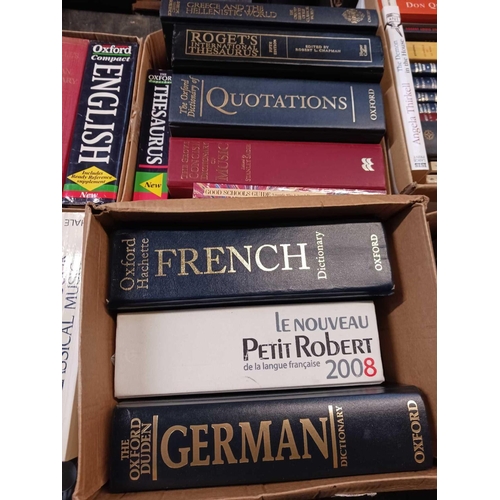 159 - 12 SMALL CARTONS OF HARDBACK & SOFT BACK BOOKS INCL; MANY DICTIONARIES & ENCYCLOPEDIAS