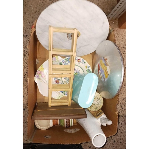 174 - 2 CARTONS, 1 WITH MISC GLASS & THE OTHER CHINAWARE, CAKE PLATES & WOODEN FOLDING BOTTLE RACK