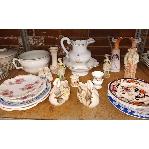 176 - SHELF CONTAINING OLD CHINAWARE, PLATES, FIGURINES, VASES