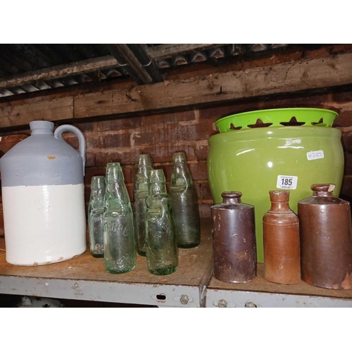 185 - QTY OF CODD BOTTLES FROM EXETER, DAWLISH, TIVERTON, 3 STONE INK JARS, PAINTED STONE GLAZED JAR & A G... 