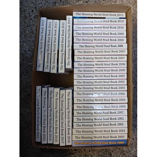 24 - 5 CARTONS OF HOMING WORLD STUD BOOKS, 1938 - 2021 & DUPLICATES