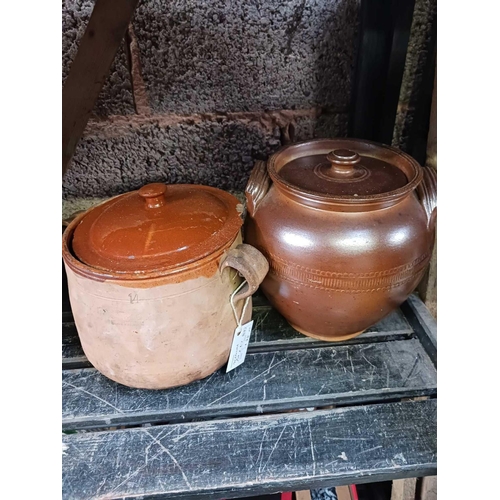 47 - SHELF OF LIDDED EARTHENWARE & A JELLY MOULD