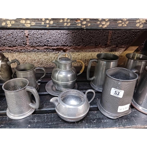 53 - SHELF OF MISC PEWTER WARE, TANKARDS & INCL; 3 PIECE TEA SET