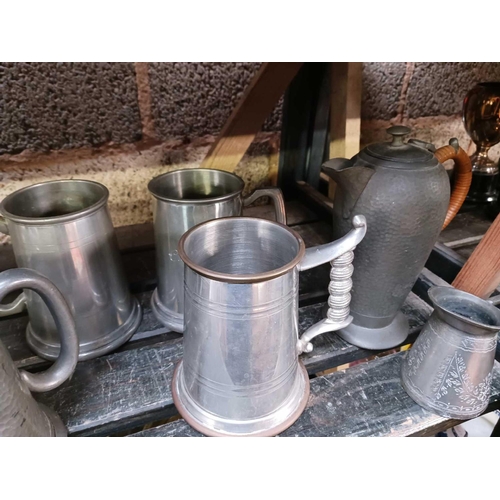 53 - SHELF OF MISC PEWTER WARE, TANKARDS & INCL; 3 PIECE TEA SET