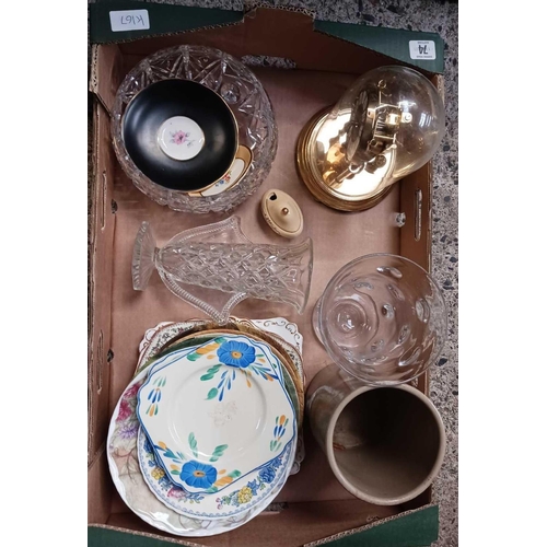 74 - 2 CARTONS OF MIXED GLASSWARE, PLATES, REGENCY STYLE FIGURINE, A TORSION CLOCK WITH DOME & OTHER CHIN... 