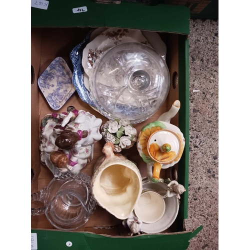 74 - 2 CARTONS OF MIXED GLASSWARE, PLATES, REGENCY STYLE FIGURINE, A TORSION CLOCK WITH DOME & OTHER CHIN... 