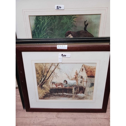 84 - QTY OF F/G PICTURES INCL; OTTERS, RABBITS & AN EMPTY GILT FRAME WITH GLASS