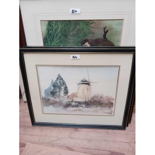 84 - QTY OF F/G PICTURES INCL; OTTERS, RABBITS & AN EMPTY GILT FRAME WITH GLASS