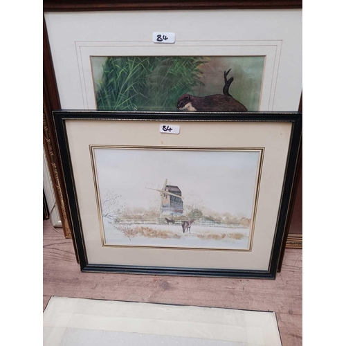 84 - QTY OF F/G PICTURES INCL; OTTERS, RABBITS & AN EMPTY GILT FRAME WITH GLASS