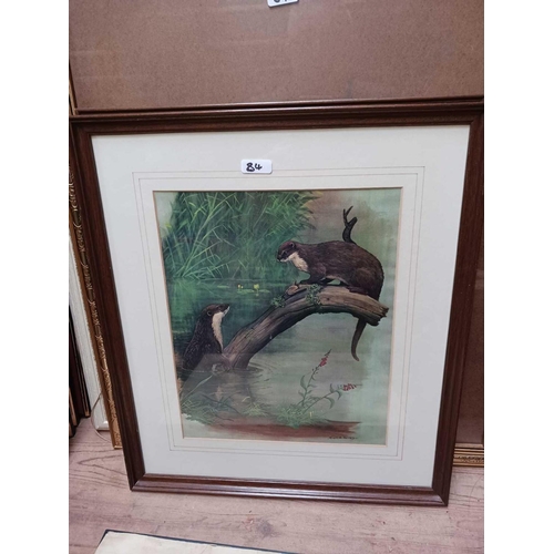 84 - QTY OF F/G PICTURES INCL; OTTERS, RABBITS & AN EMPTY GILT FRAME WITH GLASS