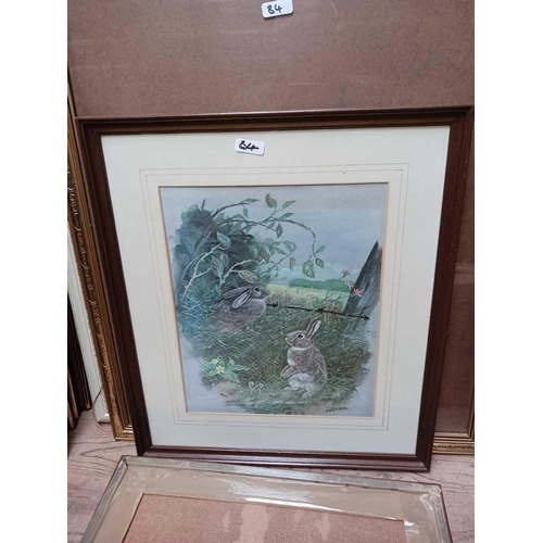 84 - QTY OF F/G PICTURES INCL; OTTERS, RABBITS & AN EMPTY GILT FRAME WITH GLASS