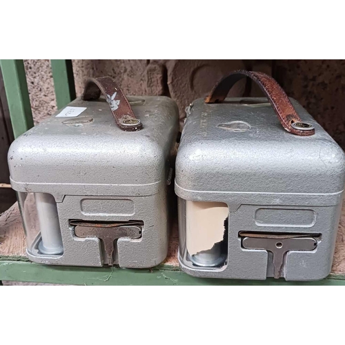 9 - 2 VINTAGE METAL CASED PIGEON RACE CLOCKS WITH KEYS BY STB NOT KNOWN IF WORKING