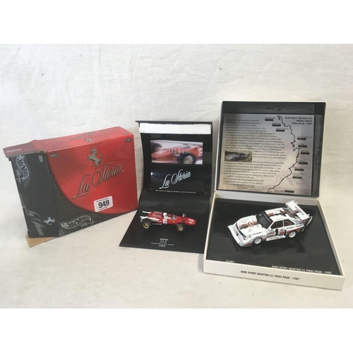 949 - 2 BOXED CARS, FERRARI 312 F1 BY HOT WHEELS & AN AUDI SPORT QUATRO BY MINI CHAMPS