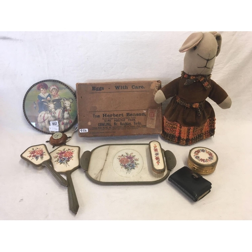 952 - RABBIT DOOR STOP, DRESSING TABLE TRAY, HAIR BRUSH SET & VINTAGE EGG BOX