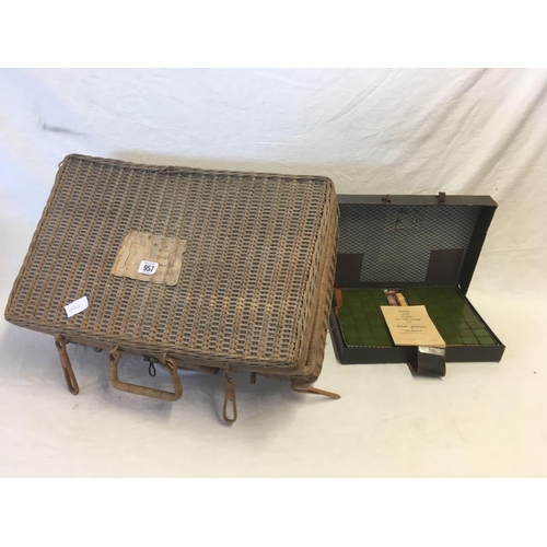 957 - OLD VINTAGE BAMBOO PICNIC BASKET & A CASED MAHJONG SET