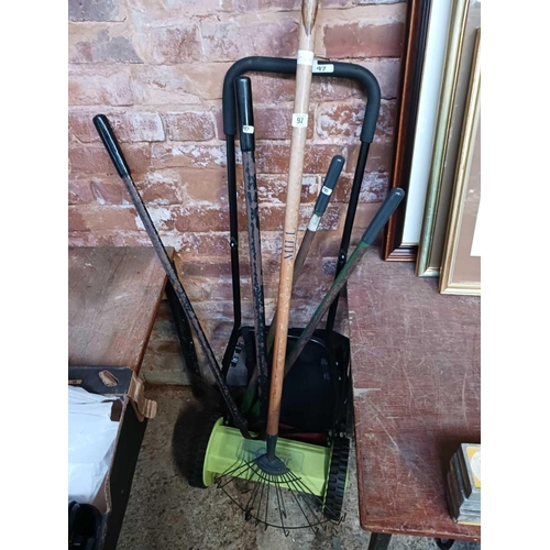 97 - GARDEN RAKE, 2 LAWN EDGE SHEARS & A GARDEN GEAR PUSH MOWER