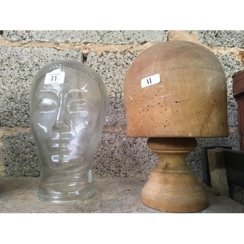 11 - VINTAGE WOODEN HAT BLOCK ON STAND, SHOWING WOODWORM & A GLASS DISPLAY HEAD