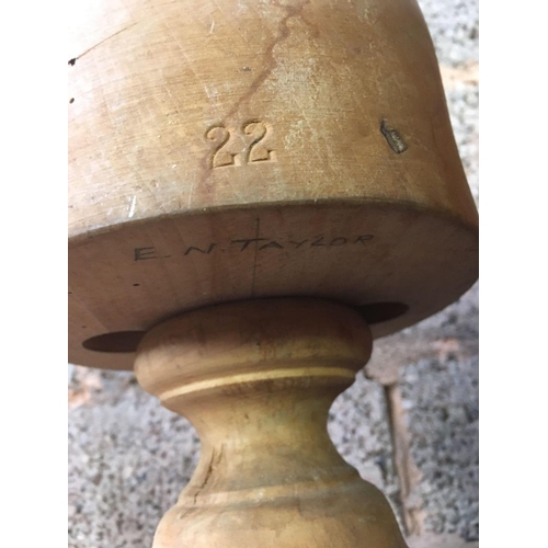 11 - VINTAGE WOODEN HAT BLOCK ON STAND, SHOWING WOODWORM & A GLASS DISPLAY HEAD