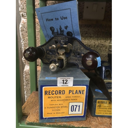 12 - RECORD ROUTER NO. 071 PLANE, RECORD 0110 LOCK PLANE & A RECORD 044 PLOUGH PLANE, ALL WITH BOXES