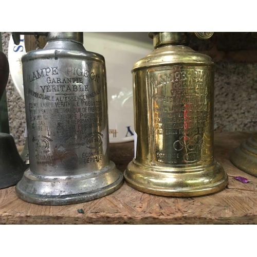 14 - TWO SMALL HAND BELLS, I BRASS , I WHITE METAL PIGEON LAMPS, CAST IRON KITCHEN BOOK REST, HARRODS CHE... 