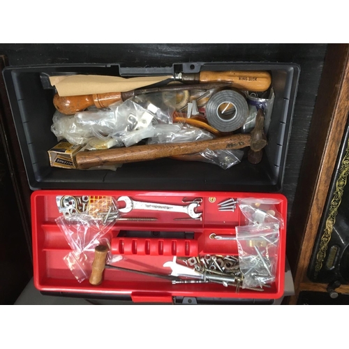 19 - RUSSELL HOBS ELECTRIC IRON, BOSCH CORDLESS SHRUB SHEAR & PLASTIC TOOL BOX WITH CONTENTS