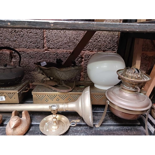 37 - SHELF OF MISC BRASS & METALWARE INCL; BRASS ASIAN HOT POT WITH NO BASE, EASEL & TOILET ROLL HOLDER