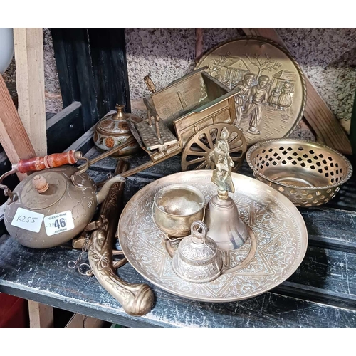 46 - PART SHELF OF BRASS ITEMS INCL;  A PLAQUE, BRASS CART & TEA POT