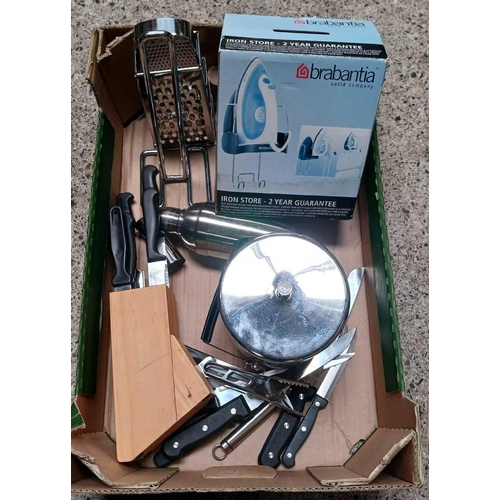 47 - CARTON WITH KNIFE BLOCK, MISC OTHER KNIVES, CHROME ICE BUCKET & SHAKER & STEAM IRON HOLDER