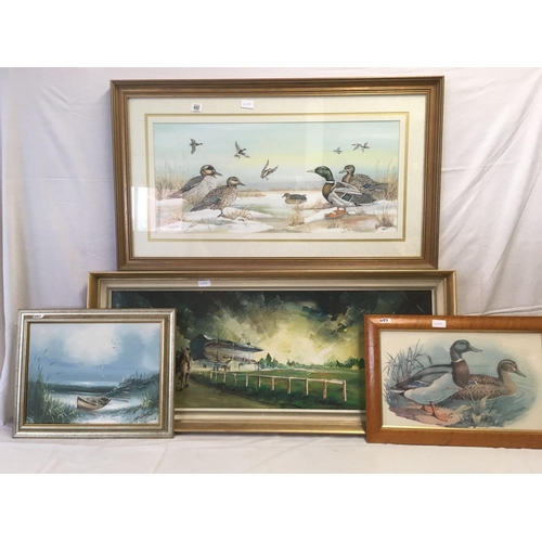 497 - 2 F/G DUCK PICTURES, AN OIL OF SHORELAND SCENE & FRAMED OIL OF HORSE RACING BY JL LEMONNIER