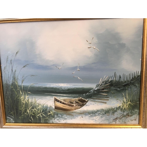 497 - 2 F/G DUCK PICTURES, AN OIL OF SHORELAND SCENE & FRAMED OIL OF HORSE RACING BY JL LEMONNIER